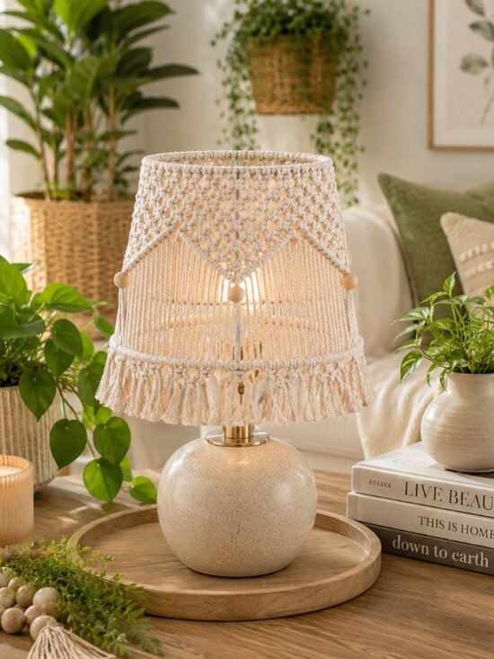 Other - Boho Macrame Lamp Shade Ivory Hand Woven Cotton Fringe Pendant Cover NWOT